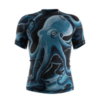 Chemises de surf Rash pour hommes, manches courtes raglan, coupe compressive, tissu anti-UV, pour la natation et la voile, imprimé pieuvre bleue