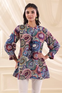 Compre una elegante túnica de manga larga con estampado étnico mosaico, de corte relajado, ropa de moda premium de boutique para mujer. - Product Image 3