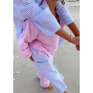 Pijamas Femininos Personalizados de Manga Longa com Listras e Bordado de Corações, Conjunto de Loungewear Estético - Product Image 4