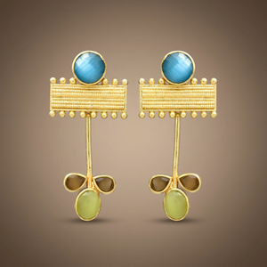 Nouvelles boucles d'oreilles pendantes ethniques plaquées or, serties de pierres précieuses, en alliage de métal, faites à la main, cadeau indien, Jaipur Gems - Product Image 2