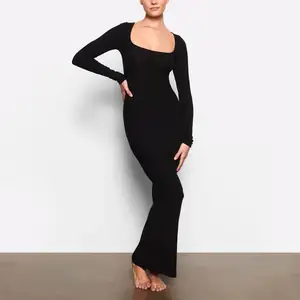 Custom High Quality Square Neckline Soft Lounge Maxi Long SLeeve Dress Black Dress