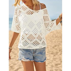 Haut cache-maillot en crochet personnalisé pour femme, pull ajouré d'été, style bohème, pour la plage, 100% coton - Product Image 5