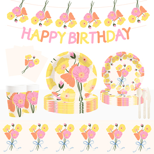 DAMAI - Juego de Decoración para Fiestas de Cumpleaños, Tema de Flores, Platos de Papel con Hojas de Cerezo, Mantel, Vajilla Desechable para Fiestas - Product Image 1