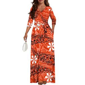 Venta caliente logotipo personalizado samoano estampado polinesio verano 3/4 manga Tie-Up cuello en V cinturones de gran tamaño vestido señoras playa vestido de Graduación - Product Image 1