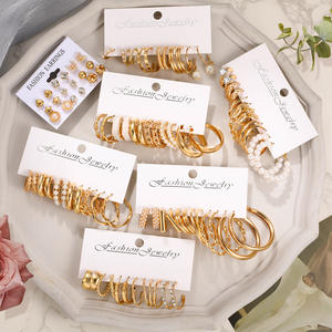 Women's Fashion <b>Jewelry</b> <b>Sets</b> Chunky <b>Pearl</b> and Twisted Statement Earrings Multipack 42 Pairs Zircon Alloy Gold Hoop Earrings - Product Image 2