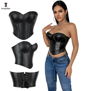 Black Corsets And Bustier Cropped Tops Short Torso Waist Training Korsett Women's Strapless Leather Camisole Top