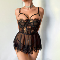 Set Lingerie Babydoll Transparan dengan Renda Bulu Mata, Bra Push-up Berongga dengan Kawat dan Thong, Pakaian Tidur Erotis