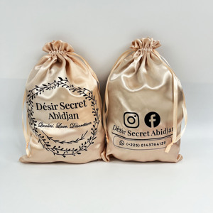 Bolsa de satén personalizada con cordón para champán, con logo impreso en negro, bolsa de almacenamiento de lujo de seda y satén para pelucas y extensiones de cabello. - Product Image 5