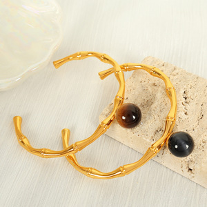 สร้อยคอแฟชั่นผู้หญิงแบบเปิดลายข้อต่อไม้ไผ่ สแตนเลสสตีล ชุดสีทอง สีเงิน ประดับด้วยหินธรรมชาติ เหมาะสำหรับงานปาร์ตี้ - Product Image 3