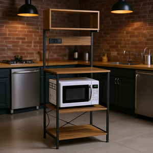 Étagère de cuisine moderne avec prise électrique, support pour micro-ondes, cinq niveaux, bois et métal, style industriel, rangement utilitaire pour cuisine - Product Image 2