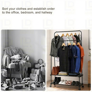 Minimalist Metal <b>Clothing</b> <b>Rack</b> with Wheels Double Tier Storage for Wardrobe Use <b>Standing</b> Type Multifunctional Design - Product Image 6