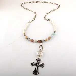 Fashion Women Ethnic Necklace Bronze Chain Natural gemstone & Crystal Glass link Long Metal Cross Pendant Necklace Dropship