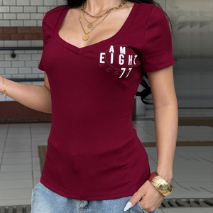 Camiseta de Verano Elástica y Ajustada con Estampado Digital para Mujer, Cuello en V, Transpirable, de Punto, con Contraste de Color, Manga Corta, Informal - Product Image 2