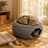 Lit rond en feutre pour chat avec poignées de transport, niche intérieure pour chat, abri confortable pour animaux de compagnie pour la maison