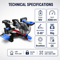 Scie à onglet sans fil HERZO 18V à batterie avec lumière LED, pour le bois, angle de coupe 45 degrés, moteur sans balais, pour le bricolage