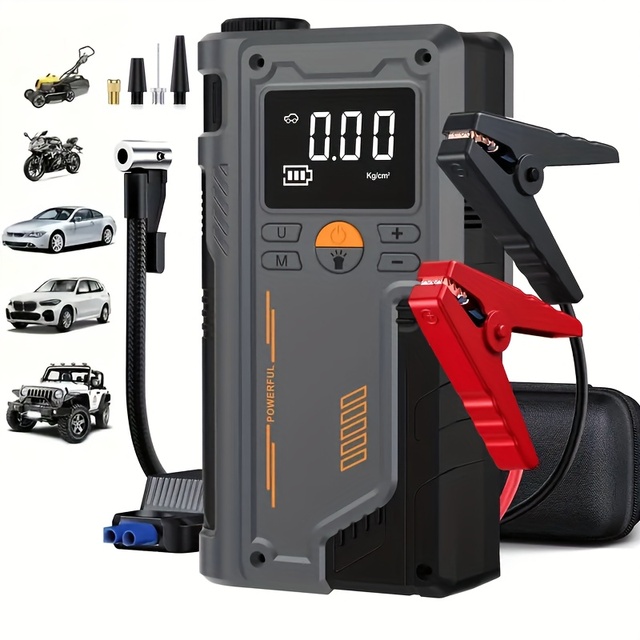 Car Jump Starter 9-in-1 Multifunctional Air Pump 150 PSI Tire Pressure Gauge LED Flashlight - SOS Rescue Function
