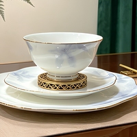 Service de vaisselle en porcelaine fine à motif de feuilles bleues, rond et carré, pour la maison et les réceptions
