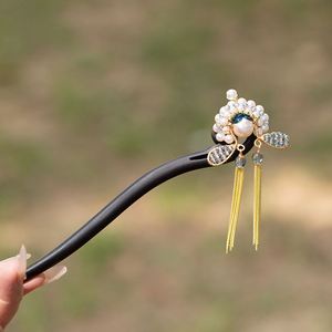 Horquilla de madera de ébano con perlas, palillos para el cabello, horquilla china Dama Dan para maquillaje facial, horquilla vintage, palillo para el cabello con movimiento, horquilla tipo palillo. - Product Image 4