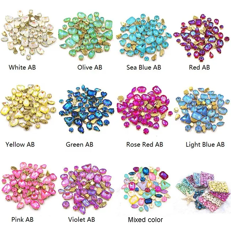 Heißer Verkauf Gemischte Farbe Mokka Fluoreszenz Mixed Form Strass Mit Goldenen krallen Für Kleidung