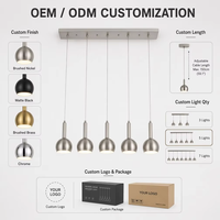 Lustre suspendu linéaire moderne à 5 lumières, nickel brossé, globe, hauteur réglable, tension universelle, OEM/ODM pour salle à manger et cuisine