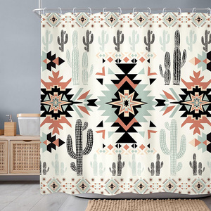 南西部Boho Tribal Geometric Ethnic 72W x 72Hインチ西部Aztecサボテンシャワーカーテン浴室用 - Product Image 4