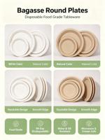 Assiettes rondes jetables biodégradables en bagasse de canne à sucre de 7 pouces pour les fêtes, fabriquées en Chine