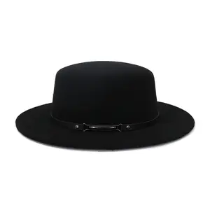 Groothandel Goedkope Katoen Faux Wol Flat Top Fedora Unisex Schipperhoed Met Zwarte Riem Metalen Gesp Decoratie