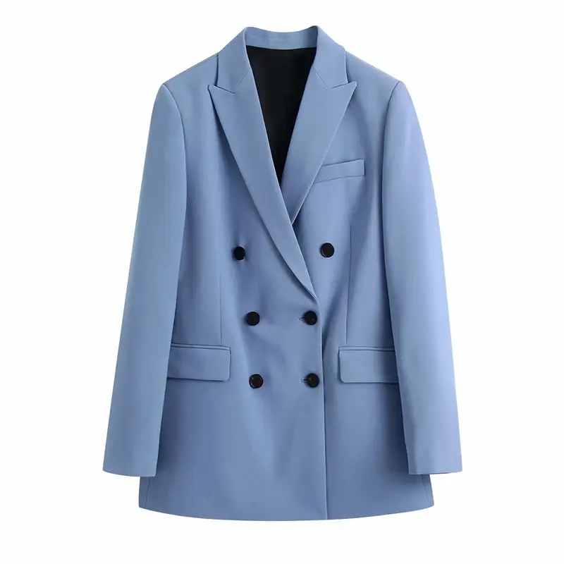 Traje de talla grande para mujer, chaqueta informal de poliéster, azul, manga larga, doble botonadura, 2021