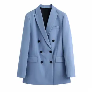 2021 Costume Ladies Plus Size Polyester Blue Casual Blazer Long Sleeve Double Breasted Women's Suit