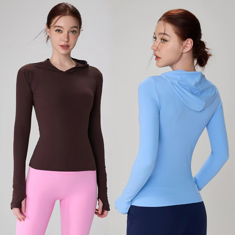 Active Four-Way Stretch Women's Sports Long Sleeve Top Hooded Thumb Hole Front Compression Yoga Top Sweat-Wicking Breathable