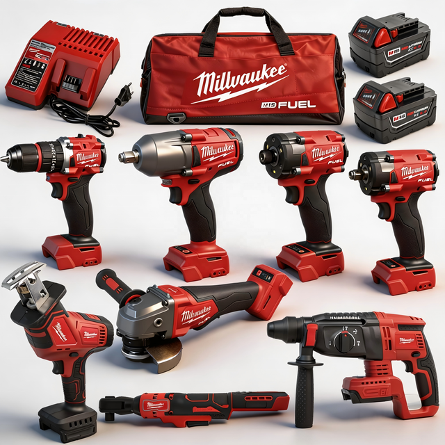 Milwaukee 18V M18 Impact Wrench 12-Piece Industrial Tool Kit Brushless Cordless Red Fuel Screwdriver 11-In-1Combo Power Tool Set