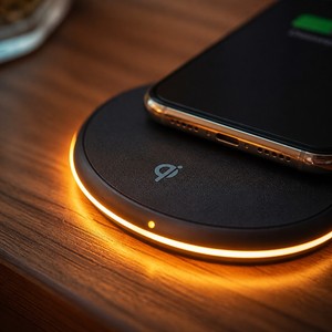 Mesita de Noche Inteligente con Luz Ambiental LED RGB, Carga Inalámbrica Qi de 15W, Chapa de Nogal Oscuro, Control por Aplicación, CARB P2 - Product Image 3