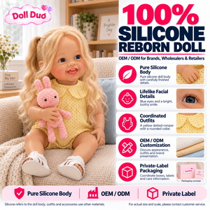 Poupée Duo personnalisée de 18 pouces, poupée reborn en silicone pleine longueur, barboteuse à pois jaunes, lapin rose, cadeau de Noël personnalisé pour enfants - Product Image 1