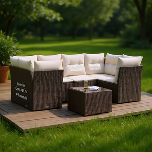 Conjunto de Sofá de Jardín de Ratán Marrón con Cojines Color Crema, Muebles de Exterior de Diseño Contemporáneo, Resistentes al Agua y a los Rayos UV, Ratán PE - Product Image 2