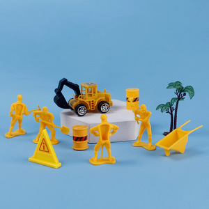 Plastic Construction Worker Set 8-Piece Toy Figures With Excavator Barrel Wheelbarrow For Cake Decoration Birthday Party Props - Product Image 1