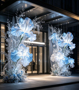 Y-034 Installation de fleurs artificielles géantes <span class=keywords><strong>iris</strong></span>ées de luxe sur mesure, <span class=keywords><strong>bleu</strong></span> et blanc, grande décoration florale artificielle pour mariage et vitrine - Product Image 4
