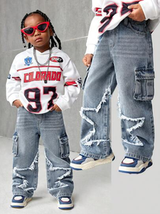 Jeans Enfant Brodés pour Bébés et Enfants, <span class=keywords><strong>Pantalon</strong></span> Décontracté Streetwear à Jambes Larges, <span class=keywords><strong>Jean</strong></span> <span class=keywords><strong>Cargo</strong></span> en Denim - Product Image 2