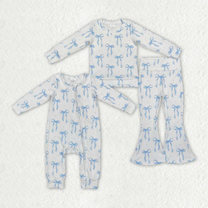 Nuovo arrivo per bambini con cerniera a maniche lunghe per dormire con fiocco blu stampa pigiama Set di abbigliamento per bambine e bambine - Product Image 1
