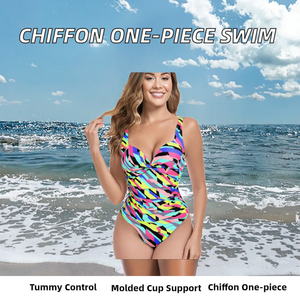 Maillot de bain une pièce en mousseline pour femme avec bonnets moulés et contrôle du ventre froncé, tenue de plage - Product Image 2