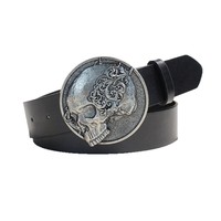 Ceinture cloutée pour homme, ceinture de créateur vintage à boucle ronde motif floral et crâne, accessoire de mode gothique punk pour jeans et tenues quotidiennes