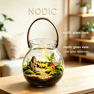 Decoración Nórdica para Habitaciones, Macetero Redondo de Vidrio Transparente, Terrario de Vidrio Soplado a Mano, Floreros de Vidrio Hidropónico con Correa - Product Image 1