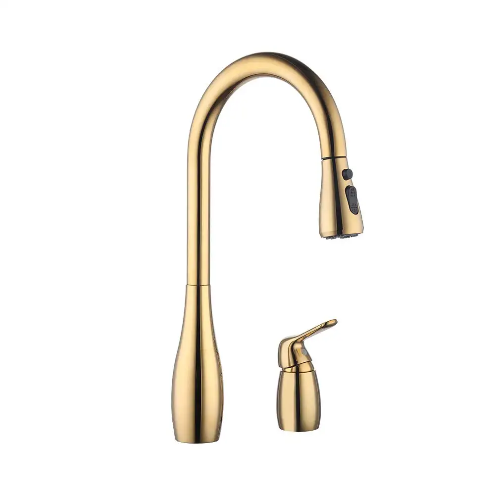 Kitchen Pull Down Sink Faucet Lead-Free Brass 3 Hole Gooseneck Kitchen Faucet Sprayer Single Handle Gold