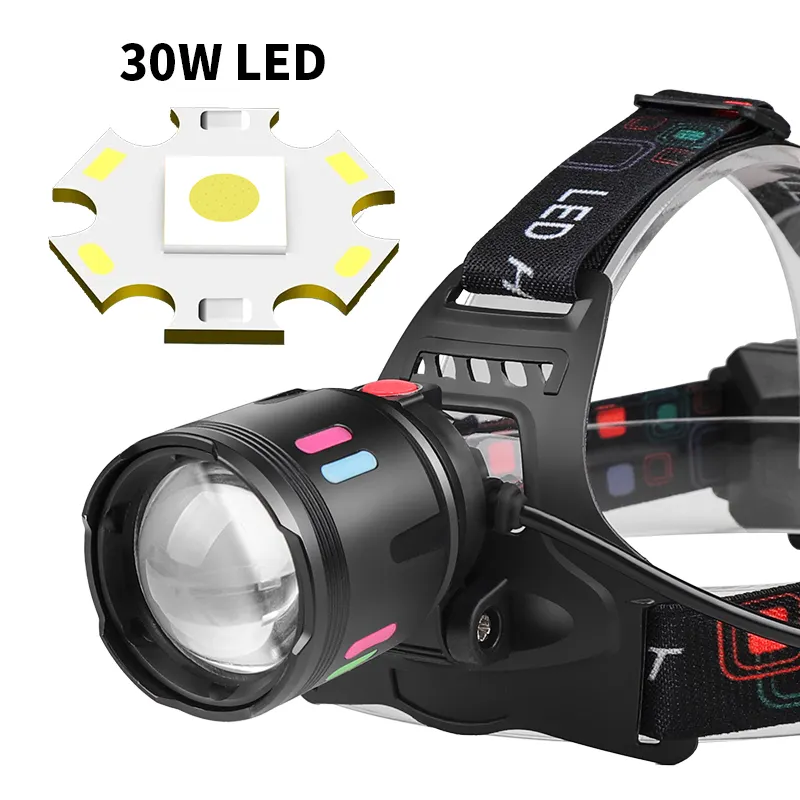 Luzes fluorescentes 30W de longo alcance 2*18650 USB tipo C recarregável com zoom 1200lumen farol 18650 bateria para ciclismo e caminhadas