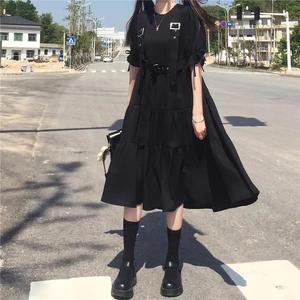 Rétro petite robe noire à manches courtes 2021 été longue section était mince tempérament à la mode costume jupe robe tout match - Product Image 1