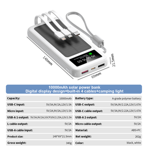 Banco de Energía Solar Portátil con Pantalla Digital, 10000mAh, PD 22.5W, Entrada USB Tipo-C, Linternas Integradas y 3 Cables - Product Image 5