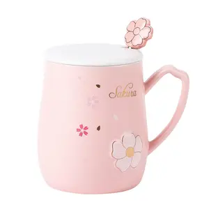 Madou Creative Sakura Pink Mug With Scoop And Lid Romance of a Teenage Girl Ceramic Water Cup