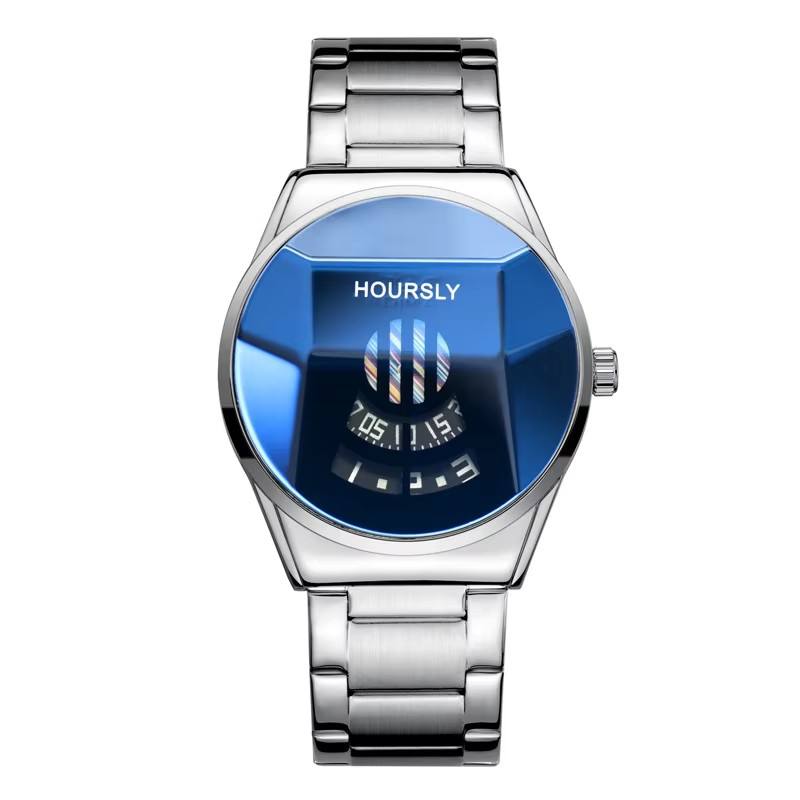 5 silver blue, hoursly, steel strap