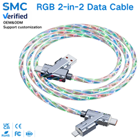 Câble lumineux RGB 2-en-2 Type C, chargeur rapide, puce intelligente, synchronisation des données 48 OMbps, OEM personnalisé, commutation multi-protocoles libre