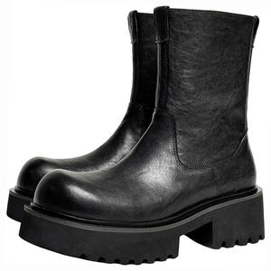 Botas de tobillo casuales para hombre con punta redonda, aumento de altura de 6 cm, suela gruesa, de piel de vaca de primera capa curtida vegetal, con cremallera - Product Image 4