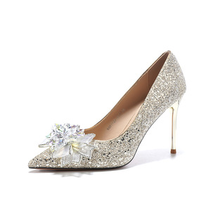 Zapatos de Tacón Alto con Punta en Pico y Decoración Floral, Brillantes en Plata, Elegantes para Bodas y Fiestas, Zapatos Formales para Mujer - Product Image 5